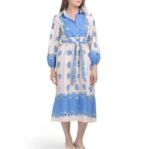 Celina Moon Long Sleeve Bell Print Midi Dress Sky Blue‎ Size Large